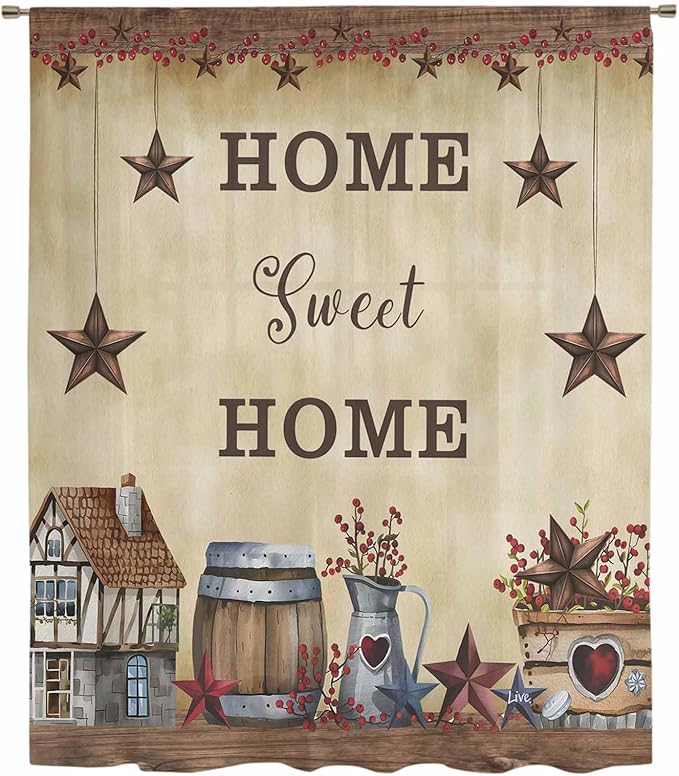 Farm Sheer Curtains 108 Inch Length American Country Barn Star Vintage Berry Brown Chiffon Curtain for Bedroom Living Room Light Filtering Rod Pocket Window Treatments Voile Curtains Drapes for Dining