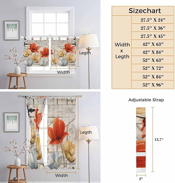 Retro Floral Bedroom Curtains 72 Inch Length, Window Curtains Tab Top, Red Yellow Tulips Barm Doors Farmhouse Wooden Light Filtering Window Treatments Drapes 52"x72" 2 Panel
