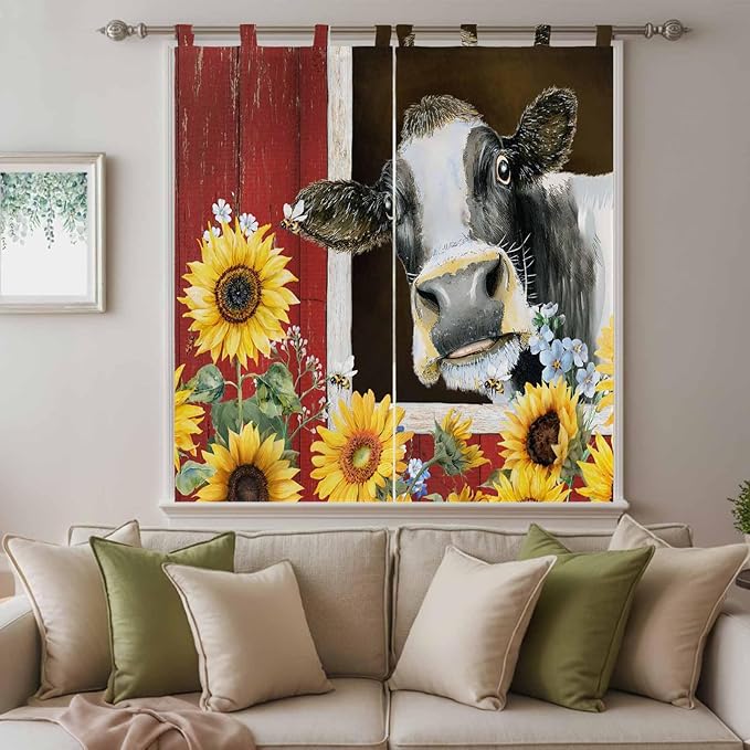 Cows Sunflowers Bedroom Curtains 72 Inch Length, Window Curtains Tab Top, Rustic Farms Barns Flowers Bees Animals Light Filtering Window Treatments Drapes 52"x72" 2 Panel