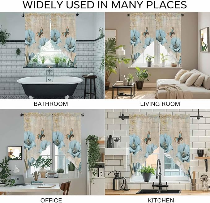 Spring Flowers Swag Valances for Windows, Vintage Rustic Tulips Floral Butterfly Khaki Rod Pocket Kitchen Curtains Valance, Small Window Curtains Swag for Cafe Living Room, 2 Panels, 28x36 inch