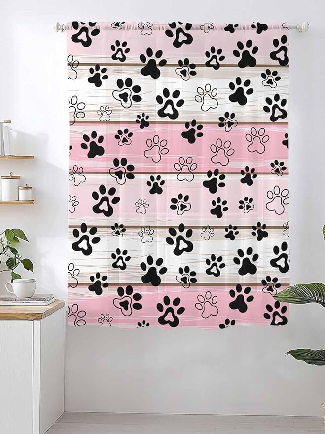 Sheer Curtains 72 Inches Long, Pink Beige Paw Print Semi Sheer Curtains Light Filtering Window Treatment, Vintage Farmhouse Country Wooden Grain Privacy Voile Drapes for Living Room Bedroom 52x72 Inch