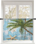 Sheer Curtains 45 Inch Length, Coastal Beach Blue Semi Sheer Curtains Light Filtering Window Treatment, Tropical Coconut Tree Vintage Wood Grain Privacy Voile Drapes for Living Room Bedroom 52x45 Inch
