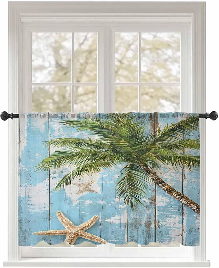 Sheer Curtains 45 Inch Length, Coastal Beach Blue Semi Sheer Curtains Light Filtering Window Treatment, Tropical Coconut Tree Vintage Wood Grain Privacy Voile Drapes for Living Room Bedroom 52x45 Inch