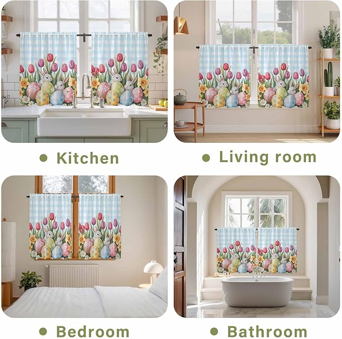 Easter Kitchen Curtains 54 Inch Long 2 Panel Set,Rod Pocket Window Curtains Panels,Spring Bunny Colorful Eggs Tulip Flowers Blue Check Light Filtering Privacy Draperies for Bedroom Laundry 42"W x 54"L