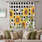Sunflowers Bedroom Curtains 72 Inch Length, Window Curtains Tab Top, Yellow Flowers Butterfly Farmhouse Black Plaid Light Filtering Window Treatments Drapes 52"x72" 2 Panel