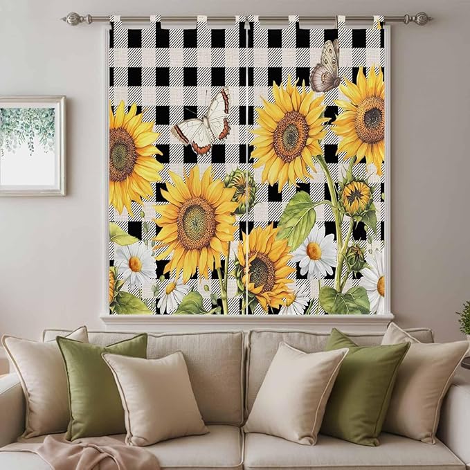 Sunflowers Living Room Curtains 84 Inch Length, Window Curtains Tab Top, Yellow Flowers Butterfly Farmhouse Black Plaid Light Filtering Window Treatments Drapes 42"x84" 2 Panel