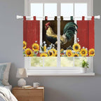 Chicken Sunflowers Kitchen Curtains 24 Inch Length, Small Window Curtains Tab Top, Farmhouse Animals Red Barn Bees Light Filtering Short Window Treatments Tier Drapes 27.5"x24" 2 Panel
