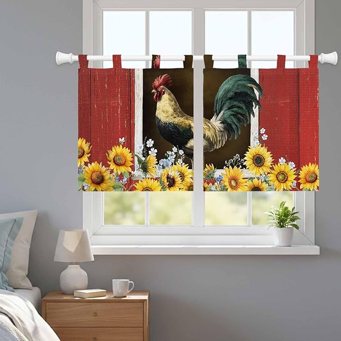 Chicken Sunflowers Kitchen Curtains 36 Inch Length, Small Window Curtains Tab Top, Farmhouse Animals Red Barn Bees Light Filtering Short Window Treatments Tier Drapes 27.5"x36" 2 Panel