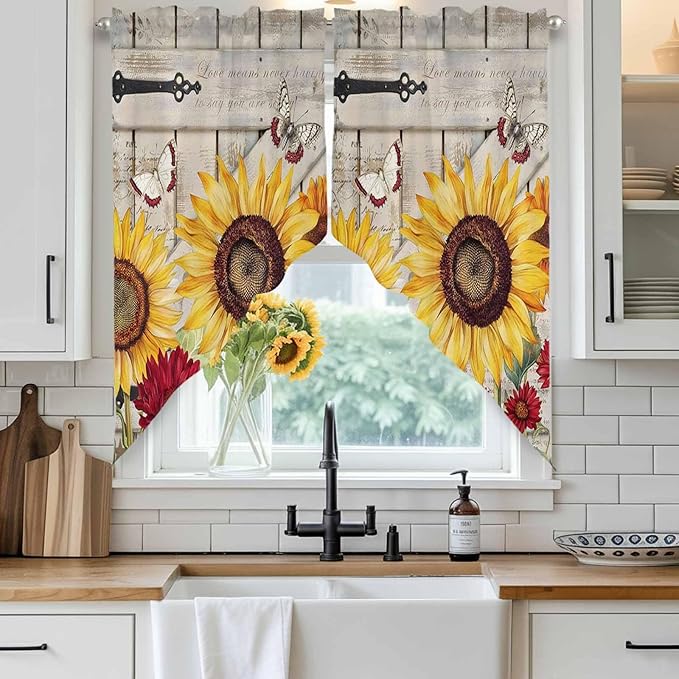 Red Yellow Sunflowers Swag Valances for Windows, Retro Rustic Barn Doors Butterfly Brown Rod Pocket Kitchen Curtains Valance, Kitchen Window Curtains Swag for Cafe Living Room, 2 Panels, 36x45 inch