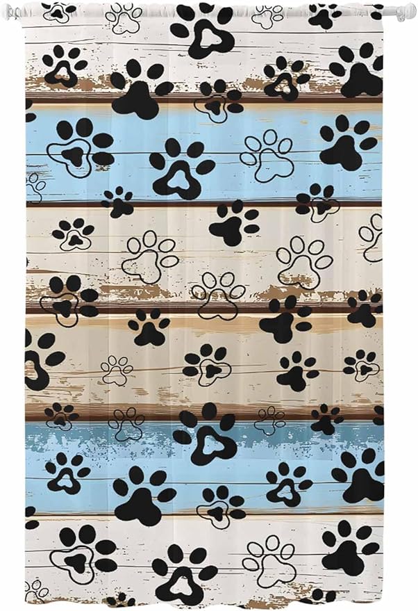 Sheer Curtains 108 Inches Long, Blue Brown Paw Prints Semi Sheer Curtains Light Filtering Window Treatment, Vintage Farmhouse Rustic Wooden Grain Privacy Voile Drapes for Living Room 52x108 Inch
