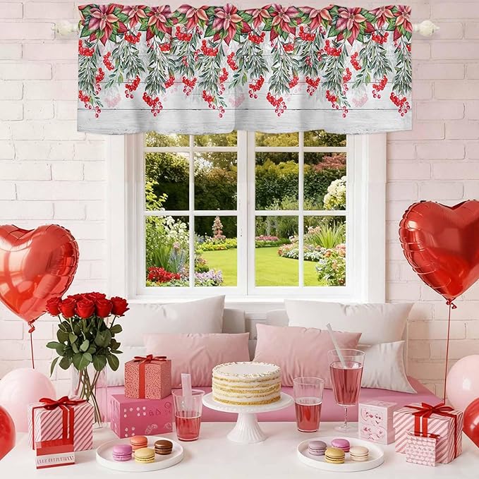 Poinsettia Berry Valance Curtains for Kitchen, Red Floral Winter Plants Vintage Wood Grain Privacy Rod Pocket Valance Curtain, Light-Filtering Window Treatment for Bedroom Bathroom, 60"x18"