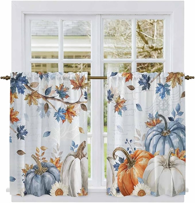 Fall Blue Maple Kitchen Curtains 45 Inch Long 2 Panel Set,Rod Pocket Window Treatment,Thanksgiving Pumpkins Daisy Country Leaves Short Curtains & Drapes for Bathroom Laundry 52"W x 45"L