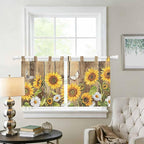 Farmhouse Sunflowers Kitchen Curtains 36 Inch Length, Small Window Curtains Tab Top, Rustic Floral Buttterfly Wood Board Brown Light Filtering Short Window Treatments Tier Drapes 27.5"x36" 2 Panel
