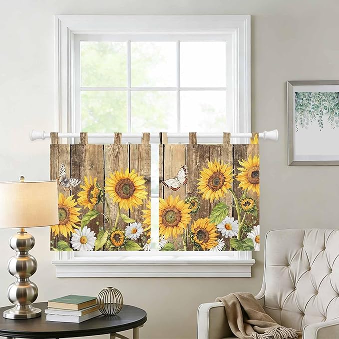 Farmhouse Sunflowers Kitchen Curtains 36 Inch Length, Small Window Curtains Tab Top, Rustic Floral Buttterfly Wood Board Brown Light Filtering Short Window Treatments Tier Drapes 27.5"x36" 2 Panel