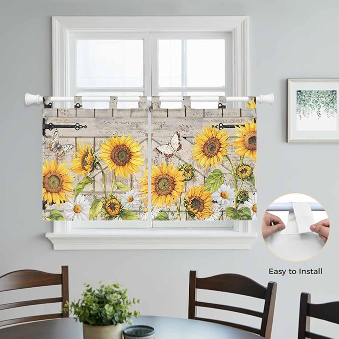 Farm Flowers Kitchen Curtains 36 Inch Length, Small Window Curtains Tab Top, Retro Sunflowers Barn Doors Butterfly Wood Board Light Filtering Short Window Treatments Tier Drapes 27.5"x36" 2 Panel