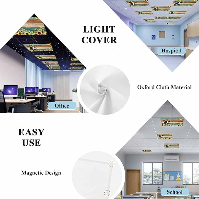 Fluorescent Light Covers Farm Cow Sunflower Magnetic Light Filters Vintage Blue Green Wood Grain Ceiling Light Covers for Classroom Office Home Drop Ceiling Lamp Decor 2 Pieces