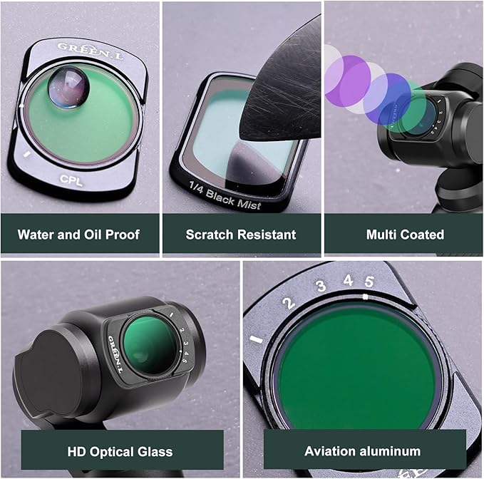 GREEN.L 3 Pack Magnetic Filter Kit for DJI Osmo Pocket 3: Variable ND Filter (ND2-ND32)+CPL+Black Diffusion 1/4, HD Multi-Coated Optical Glass for Cinematic Video