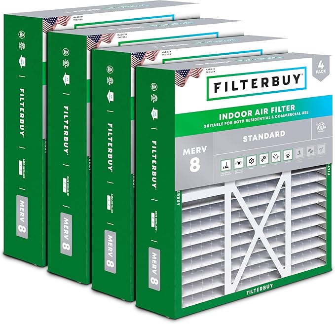 Filterbuy 16x20x5 Air Filter MERV 8 Essential Dust & Allergy Defense (4-Pack), Pleated HVAC AC Furnace Filters for Honeywell FC100A1003, Lennox X0592, and More (Actual Size: 15.75 x 19.75 x 4.38)