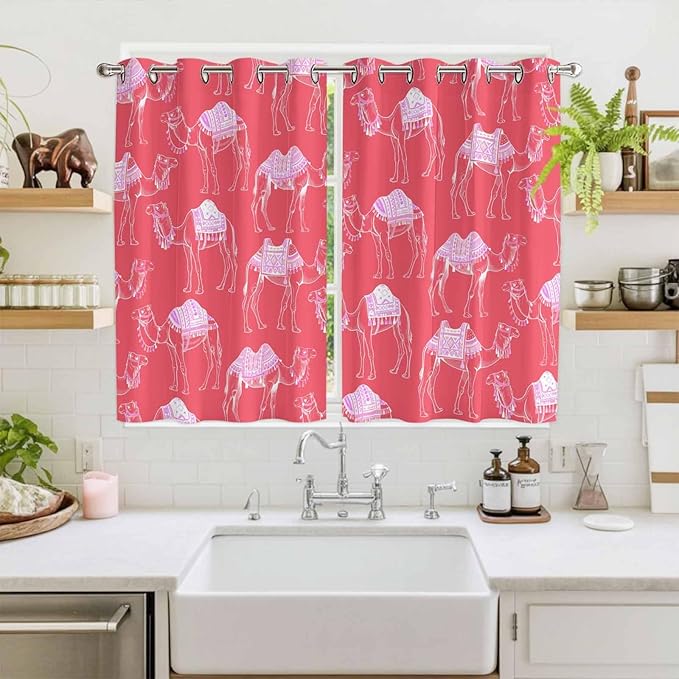 2 Panel Kitchen Cafe Curtains, Desert Camel Sunlight Filtering Nature Air Through, Home Decor Window Covering Tier Curtains for Living Room 104W x 63L inch Summer Sand Camel Animal Vintage Pink