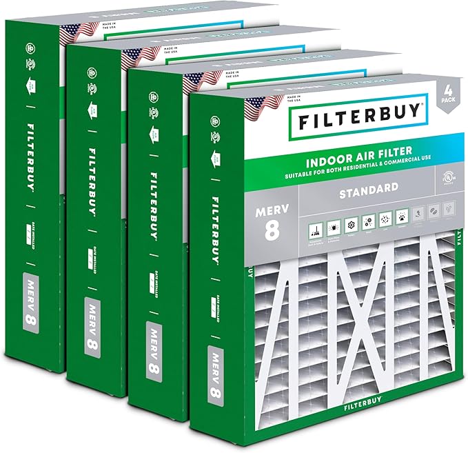 Filterbuy 20x23x5 Air Filter MERV 8 Essential Dust & Allergy Defense (4-Pack), Pleated HVAC AC Furnace Filters for Bryant, Carrier, BDP, Day & Night, and Payne (Actual Size: 19.81 x 22.56 x 4.25)