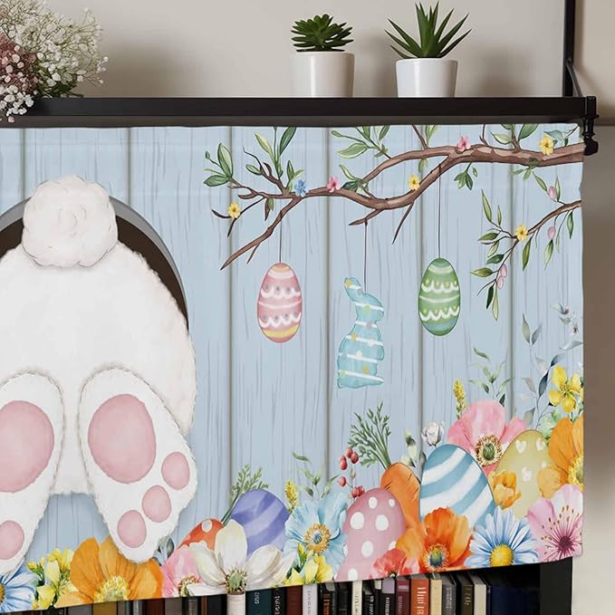 Easter Curtain Valances for Windows, Kitchen Valance Window Treatment, Spring Watercolor Bunny Eggs Flower Wood Grain Blue Light Filtering Block Curtains for Bathroom/Bedroom/Living Room 42'' x 12''