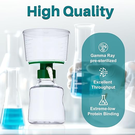 500ml Vacuum Filtration System, Disposable Sterile Vacuum Filter Units with CA Membrane, 0.22μm Pore Size, 90mm Diameter for Laboratory, Chemistry, Graduated, Individually Wrapped, Pack of 12