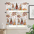 Fall Kitchen Curtain Set, Orange Yellow Thanksgiving Maple Leaf Gnomes Pumpkin Window Valance and Tiers 24" Length, Light Filtering Short Curtains Valance for Cafe Bathroom Bedroom 54"x18"