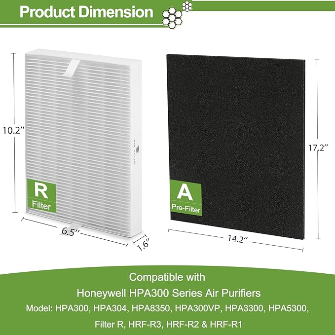HPA300 HEPA Filter Replacement for Honeywell HPA300 Series Air Purifiers HPA300, HPA300VP, HPA304, HPA3300, Replace HRF-R3 (3 Ture HEPA R Replacement Filter + 4 Activated Carbon Pre-Filter)