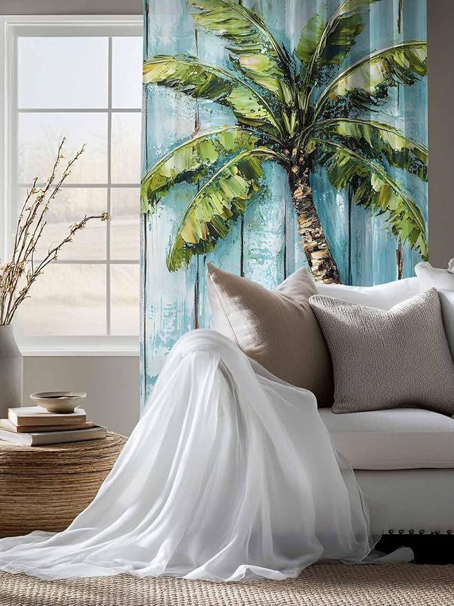 Sheer Curtains 63 Inch Length, Coastal Beach Starfish Semi Sheer Curtains Light Filtering Window Treatment, Blue Green Tropical Palm Tree Wood Grain Privacy Voile Drapes for Living Room 52x63 Inch