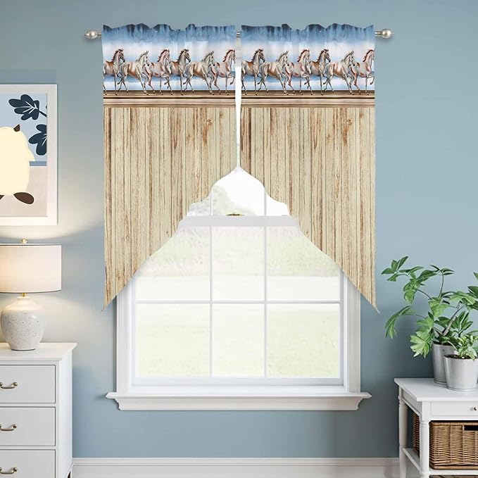 Western Horse Swag Valances for Windows, Farmhouse Wooden Grain Vintage Cowboy Barn Door Rod Pocket Kitchen Curtains Valance, Kitchen Window Curtains Swag for Cafe Living Room, 2 Panels, 36x45 inch