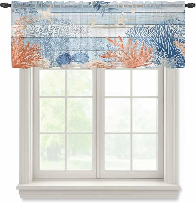 Ocean Corals Sheer Valance Curtains, Summer Beach Coral Sea Stars Blue Wood Grain Light Filtering Kitchen Valances Rod Pocket Voile Curtain Window Treatment for Bedroom/Living Room/Basement 60Wx18L