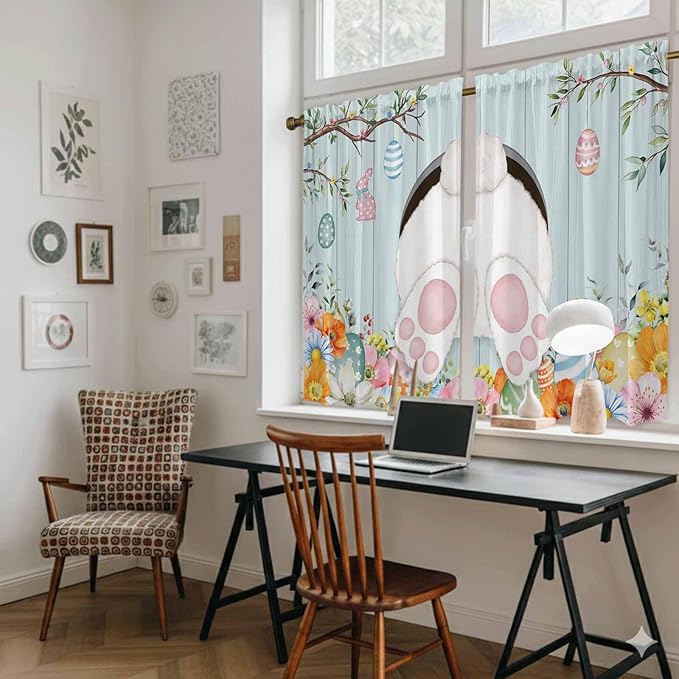 Easter Bunny Kitchen Tier Curtains 45 Inch Long 2 Panel Set,Rod Pocket Short Window Treatment,Easter Eggs Spring Farmhouse Wood Grain Teal Blue Light Filtering Curtains & Drapes 27.5"W x 45"L