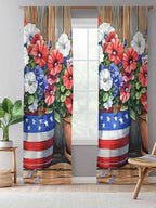 Sheer Curtains 84 Inches Long, Red Blue Flower Semi Sheer Curtains Light Filtering Window Treatment, Retro Independence Day Flag Wood Grain Privacy Voile Drapes for Living Room Bedroom 52x84 Inch