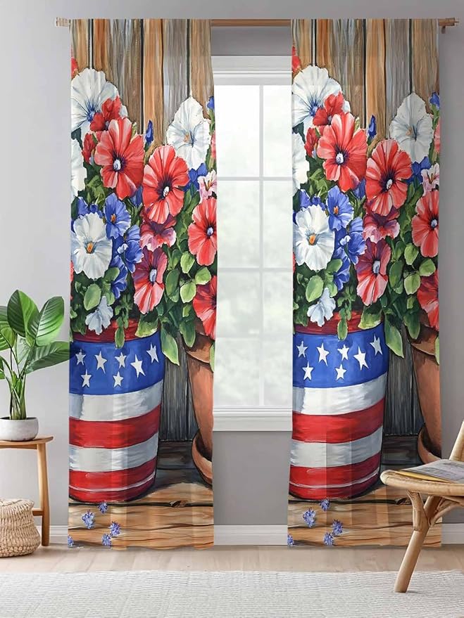 Sheer Curtains 108 Inches Long, Red Blue Flower Semi Sheer Curtains Light Filtering Window Treatment, Retro Independence Day Flag Wood Grain Privacy Voile Drapes for Living Room Bedroom 52x108 Inch