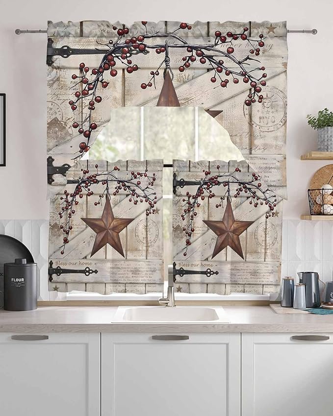 Village Stars Swag Kitchen Curtains Valance and Tier Set, Vintage Rust Yellow Star Berry Beige Barn Doors Light-Filtering Swag Valance 36 Inch Length, Rod Pocket Short Curtain for Bedroom Cafe