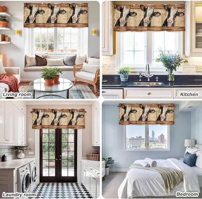 Farmhouse Cow Curtain Valances for Windows, Kitchen Valance Window Treatment, Country Vintage Animals Wooden Grain Light Filtering Block Curtains for Bathroom/Bedroom/Living Room 42'' x 12''