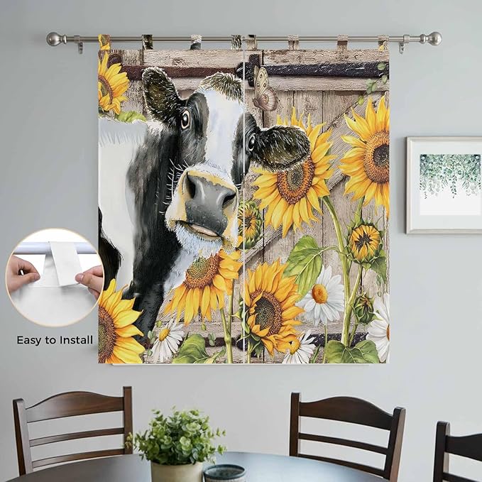 Retro Farmhouse Flower Bathroom Curtains 63 Inch Length, Window Curtains Tab Top, Yellow Sunflowers Cow Barn Doors Brown Light Filtering Window Treatments Drapes 52"x63" 2 Panel