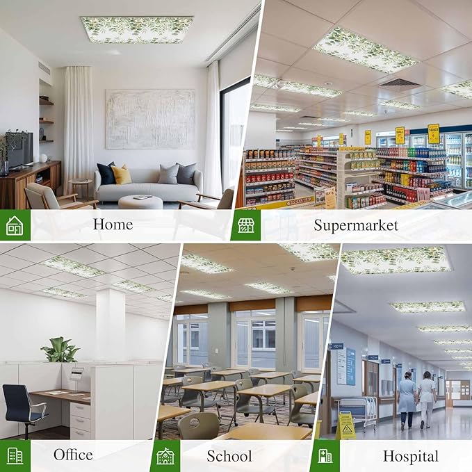 Fluorescent Light Covers for Ceiling Lights Sage Green Eucalyptus Leaves Magnetic Light Filters 4 Pack 4x2 ft Nature Leaf Plant Ceiling Lights Cover for Classroom Office School Home Drop Lamp Decor