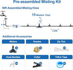 Pre-Assembled Misters for Outside Patio,Outdoor Misting Cooling System w Filter,50FT|15M.Backyard Mist Kit for Garden,Greenhouse,Deck,Umbrella,Canopy,Pool,Porch,Trampoline,Park.