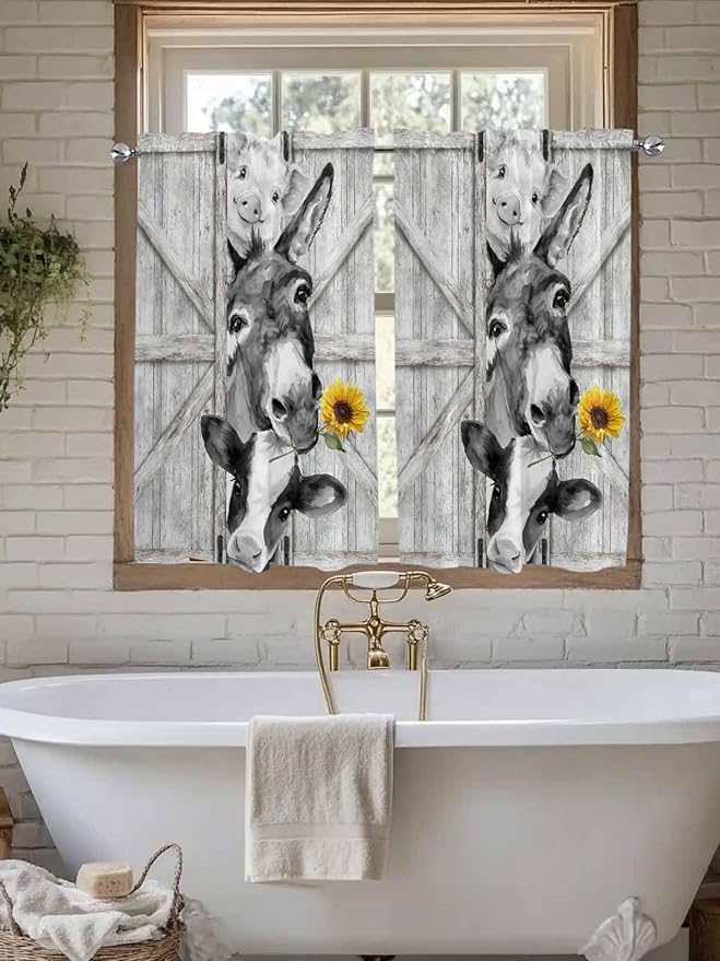 Grey Farmhouse Kitchen Curtains 45 Inches Length, Vintage Sunflowers Animals Printed Window Treatment Curtain Drapes, Lightweight Window Panels for Living Room Bedroom, 52"x45", 2 Panels