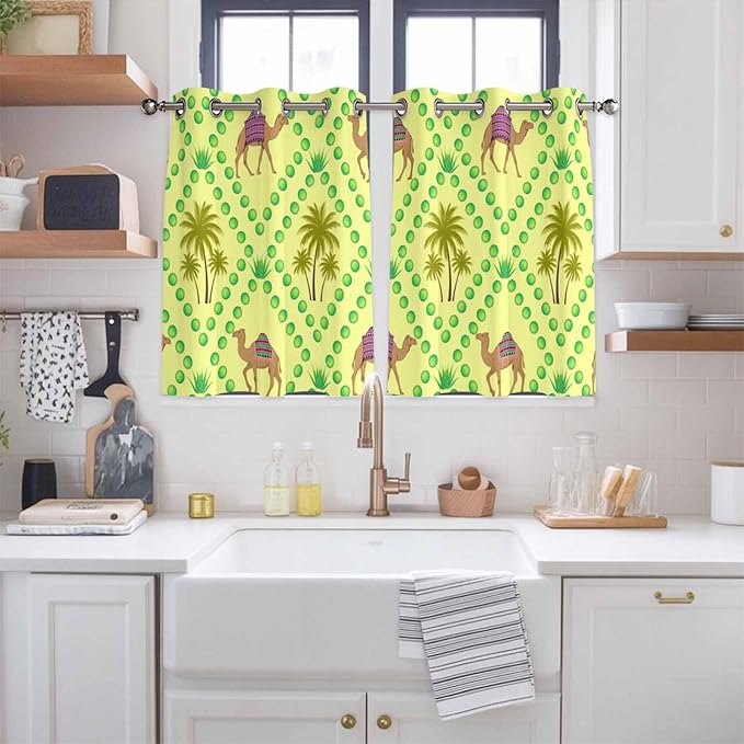 2 Panel Kitchen Cafe Curtains, Desert Sand Camels Sunlight Filtering Nature Air Through, Home Decor Window Covering Tier Curtains for Bedroom Living Room Palm Trees Tropical Plants Polka Dot Yellow