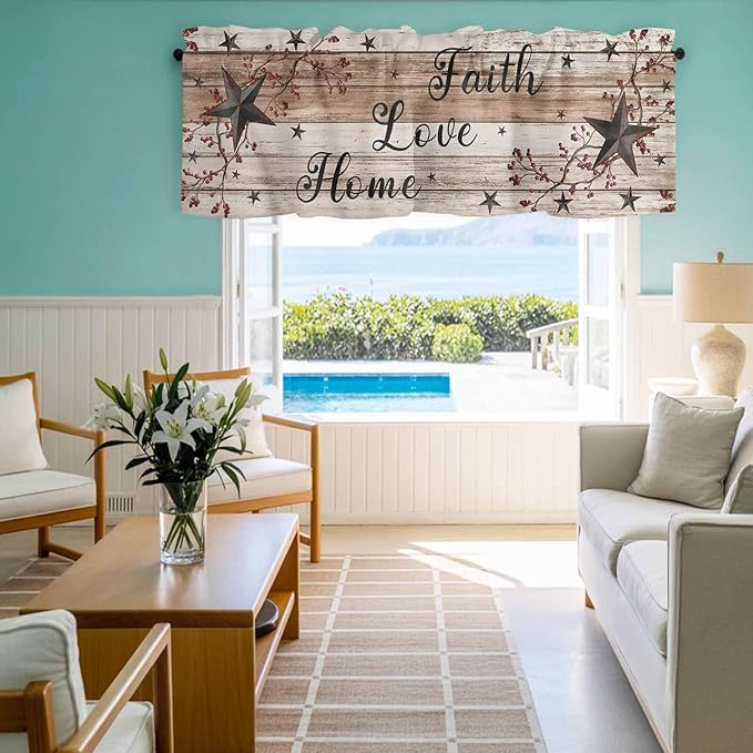 Rustic Star Brown Curtain Valances for Windows, Kitchen Valance Window Treatment, Vintage Plants Berry Wooden Grain Light Filtering Block Curtains for Bathroom/Bedroom/Living Room 42'' x 18''