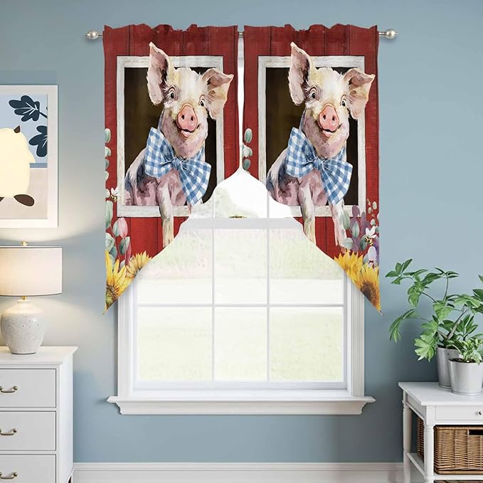 Pig Sunflowers Swag Valances for Windows, Eucalyptus Leaves Floral Bees Red Barn Rod Pocket Kitchen Curtains Valance, Small Window Curtains Swag for Cafe Bathroom Living Room, 2 Panels, 36x36 inch