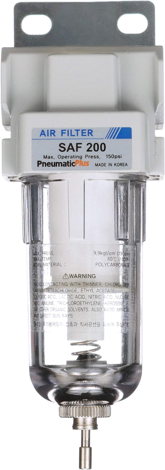 PneumaticPlus SAF200-N02B Miniature Compressed Air Particulate Filter 1/4" NPT - Poly Bowl, Manual Drain, Bracket (Pack of 2)