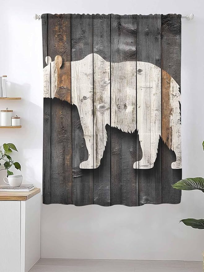 Sheer Curtains 63 Inch Length, Vintage White Brown Bear Semi Sheer Curtains Light Filtering Window Treatment, Retro Country Rustic Wood Grain Privacy Voile Drapes for Living Room Bedroom 52x63 Inch