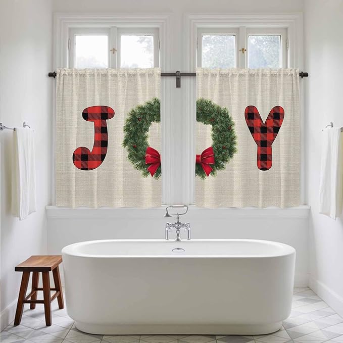 Red Green Christmas Kitchen Curtains 45 Inch Long 2 Panel Set, Rod Pocket Window Treatment, Farmhouse Xmas Botanical Winter Light Filtering Panels Short Drapes for Bathroom Camper 42"W x 45"L