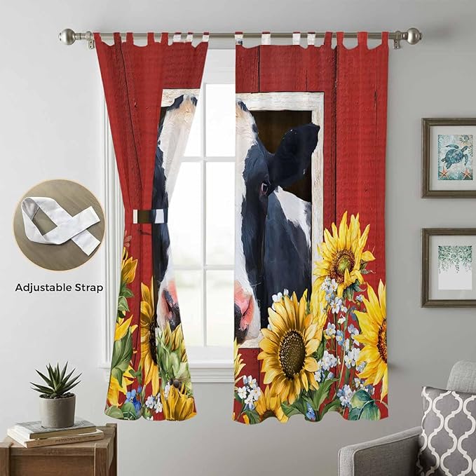 Cow Sunflowers Living Room Curtains 96 Inch Length, Window Curtains Tab Top, Botanical Floral Leaves Bees Farm Barn Light Filtering Window Treatments Drapes 52"x96" 2 Panel