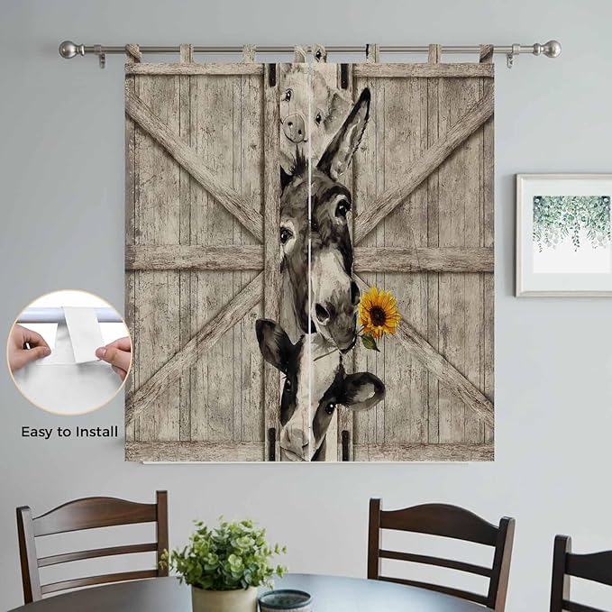 Funny Farm Animals Living Room Curtains 84 Inch Length, Window Curtains Tab Top, Vintage Barn Brown Sunflowers Light Filtering Window Treatments Drapes 42"x84" 2 Panel