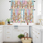 Easter Kitchen Curtains Set 3 Piece for Windows, Rod Pocket Valance and Tier Set 36 Inch Length, Spring Bunny Eggs Botanical Floral Wooden Grain Light Filtering Cafe Curtains for Living Room Bathroom