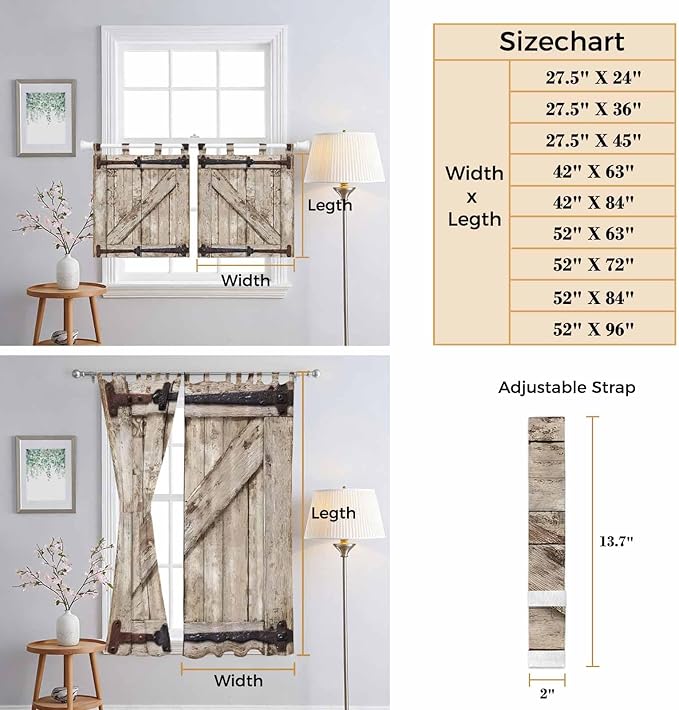 Farmhouse Wood Grain Living Room Curtains 96 Inch Length, Window Curtains Tab Top, Vintage Country Barn Gate Brown Light Filtering Window Treatments Drapes 52"x96" 2 Panel